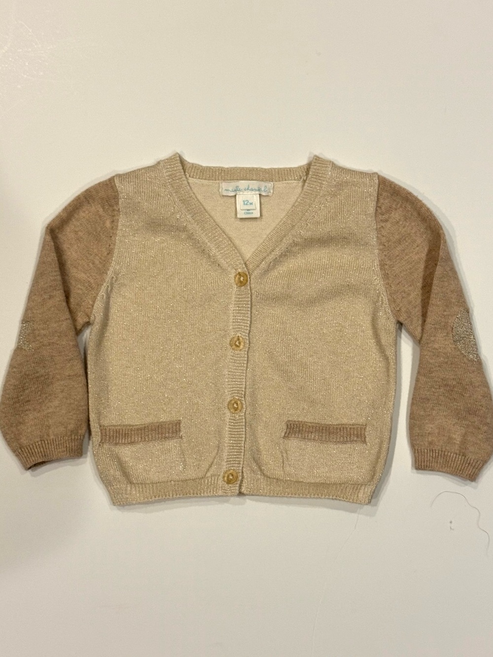 Marie Chantal Baby Girl Cardigan Sweater 12M Neutral Shimmer Elbow Patches